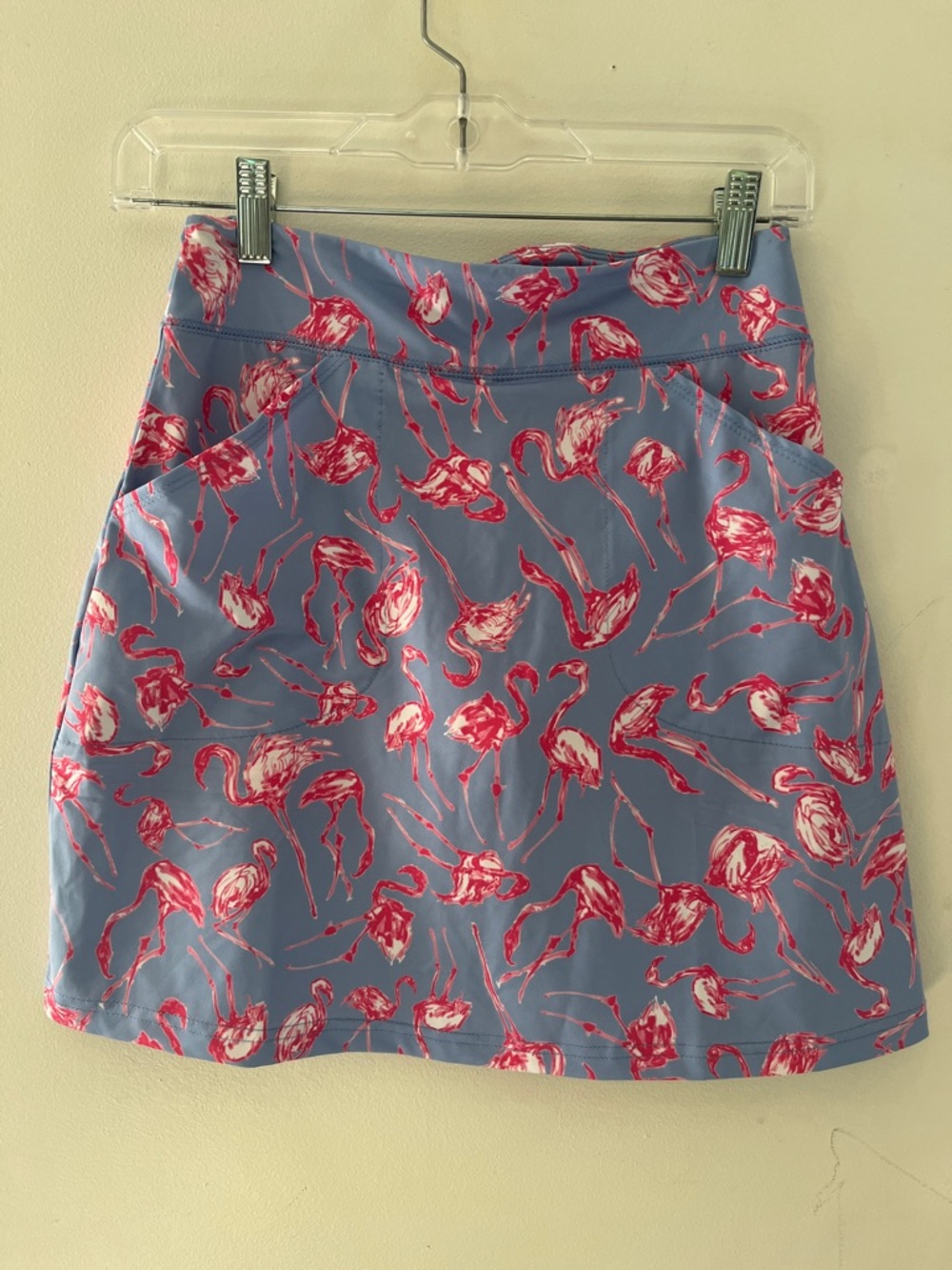 Flamingo Print A-Line Skort in Periwinkle Pink pockets and shorts golf tennis